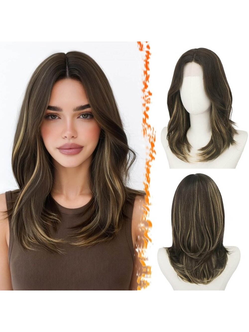 16 Inch Women's Balayage Blonde Highlight Butterfly Layered Straight  Bangs Wigs